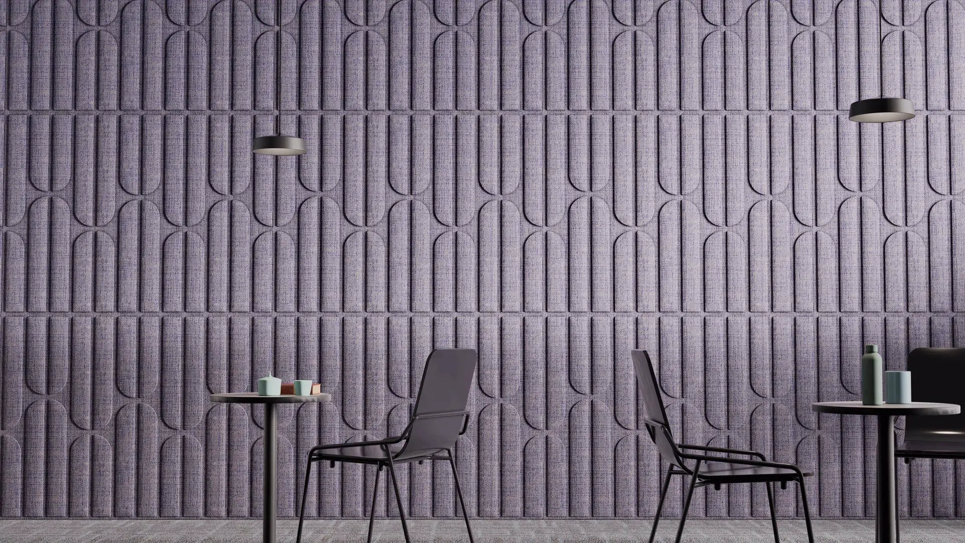 Arched acoustic wall panels in heathered lilac behind a cafe seating area